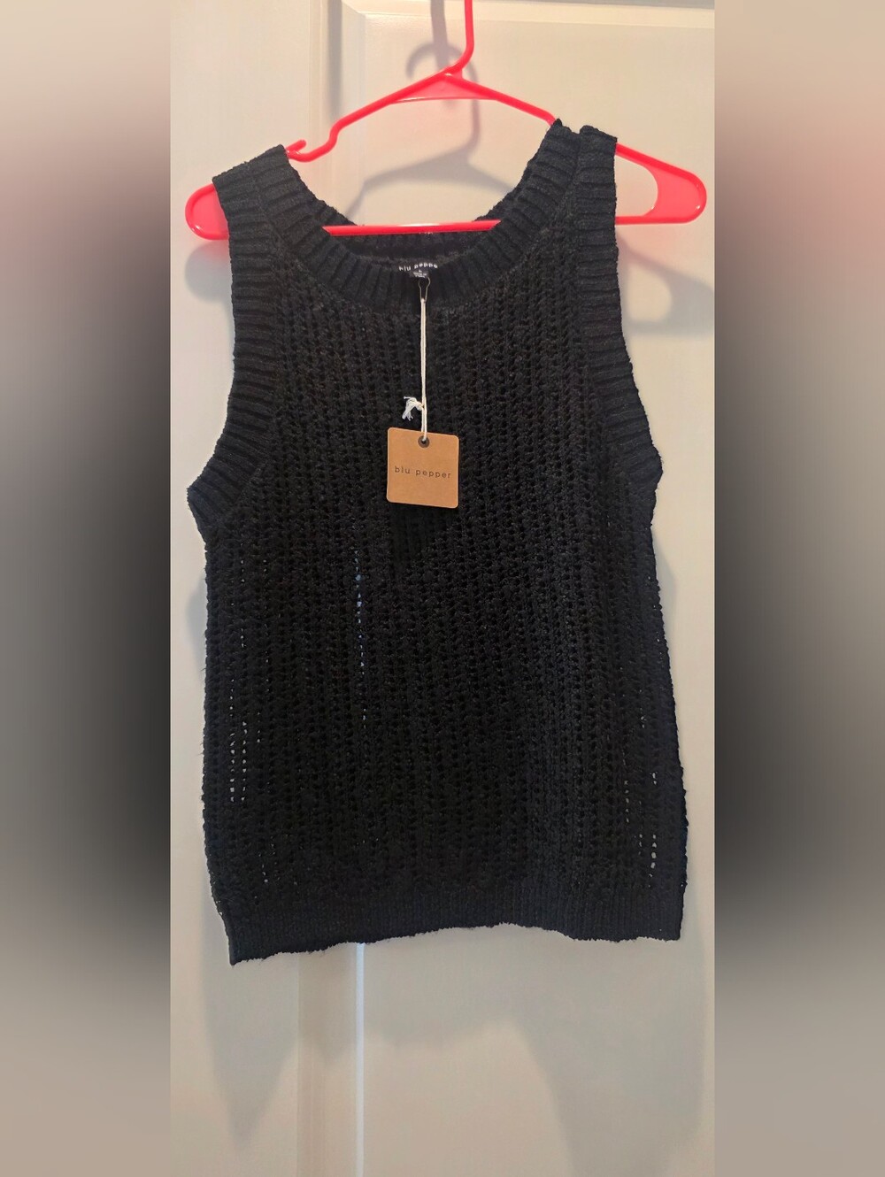 Blu Pepper Black Crochet Knit Sleeveless Crewneck Sweater Vest
